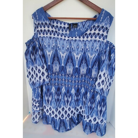 New Directions Women’s Shirt XL Blue White Cold Shoulder Blouse Top Boho Dressy - Picture 1 of 11